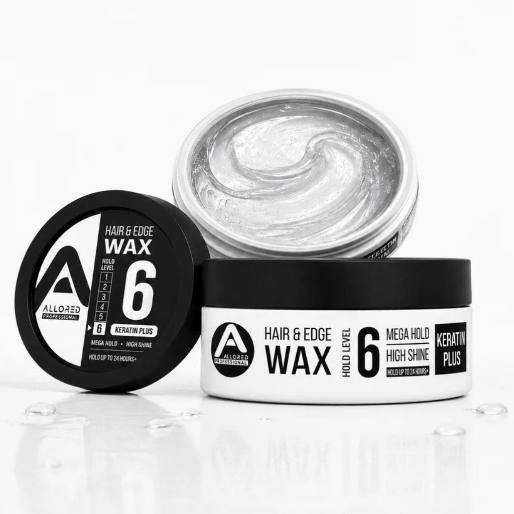 Allored Beauty hair and edge wax with keratin for strong hold and styling, shown in a container with product label visible.