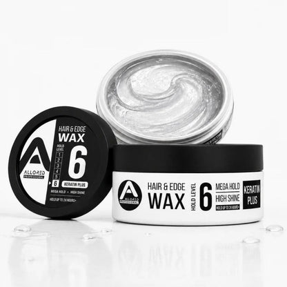 Allored Beauty hair and edge wax with keratin for strong hold and styling, shown in a container with product label visible.