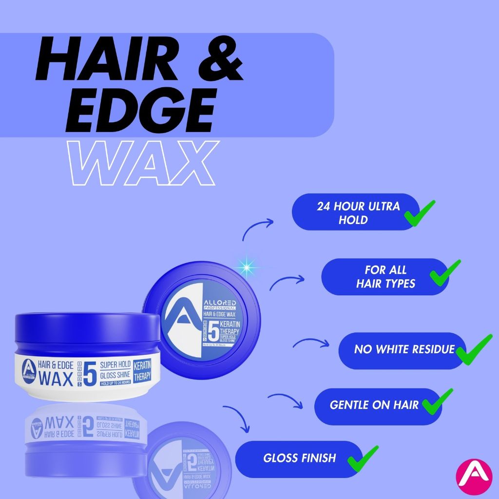Allored Beauty hair and edge wax with keratin therapy, featuring a super hold for sleek, styled hair and edges.
