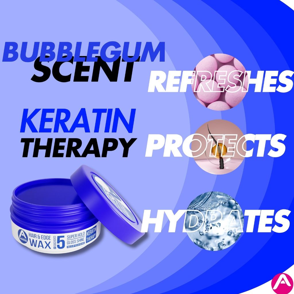 Allored Beauty hair and edge wax with keratin therapy, featuring a jar with black lid and product label, for strong hold styling.