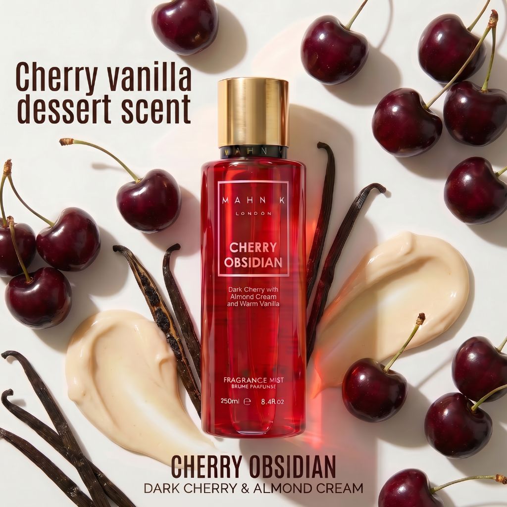 Allored Beauty MAHN K Cherry Obsidian fragrance mist bottle with sleek black design, ideal for body care and refreshing scents.