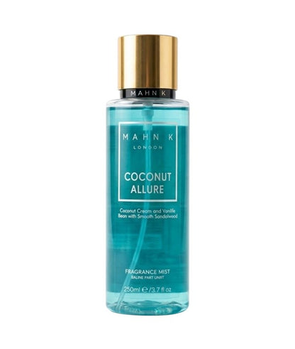 Allored Beauty MAHN K Coconut Allure fragrance mist bottle with coconut scent for body care, featuring a sleek design.