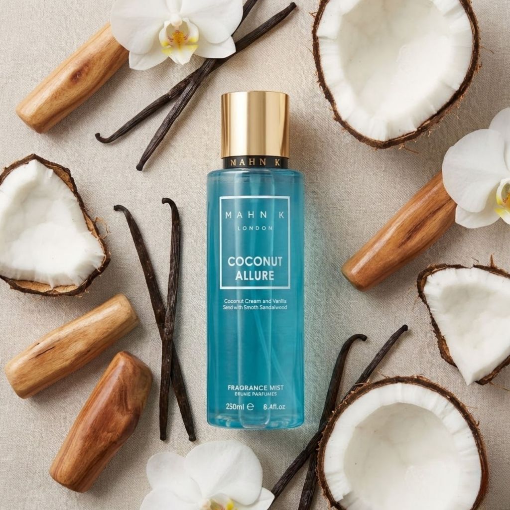 Allored Beauty MAHN K Coconut Allure fragrance mist bottle for body care, featuring a sleek design and tropical coconut scent.