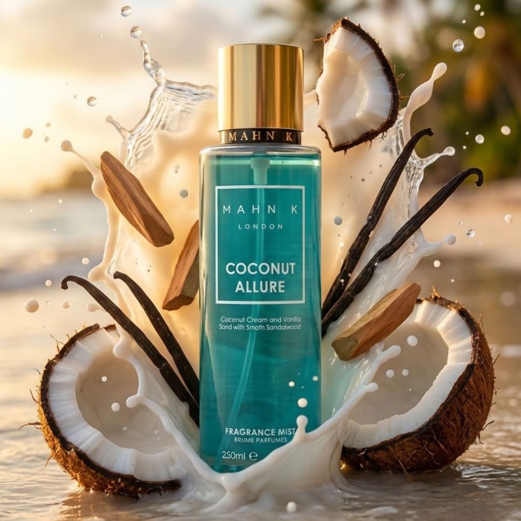 Allored Beauty MAHN K Coconut Allure fragrance mist bottle with floral design, body care product for a tropical scent.