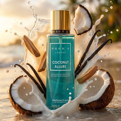 Allored Beauty MAHN K Coconut Allure fragrance mist bottle with floral design, body care product for a tropical scent.