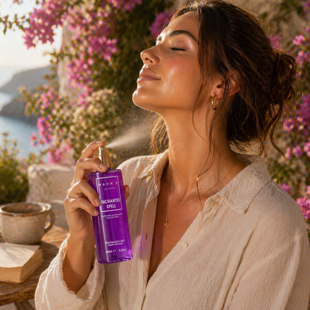 Allored Beauty MAHN K Enchanted Spell fragrance mist bottle with floral and mystical design for body care.