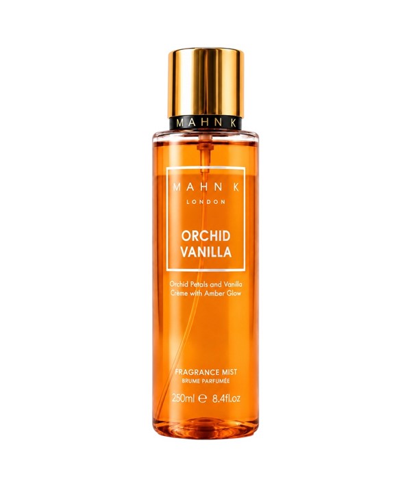 Allored Beauty MAHN K Orchid Vanilla fragrance mist bottle with floral and vanilla design for body care.