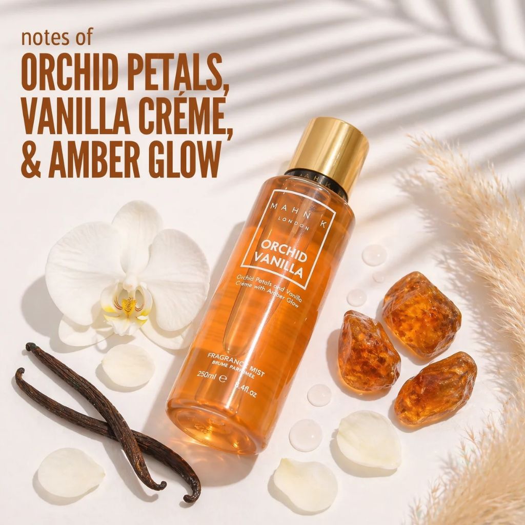 Allored Beauty MAHN K Orchid Vanilla fragrance mist in a sleek spray bottle, designed for body care and refreshing floral scent.