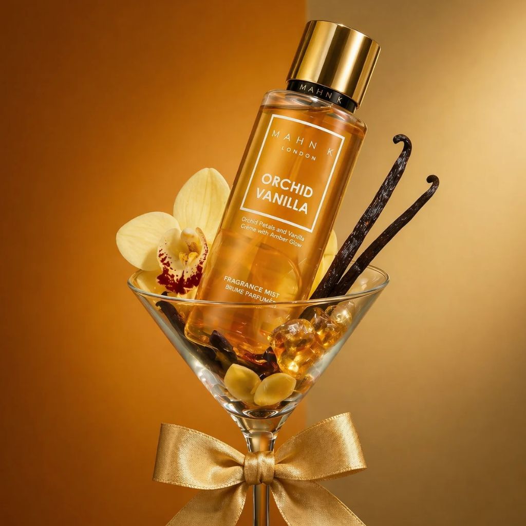 Allored Beauty MAHN K Orchid Vanilla fragrance mist bottle with floral and vanilla scent for body care.
