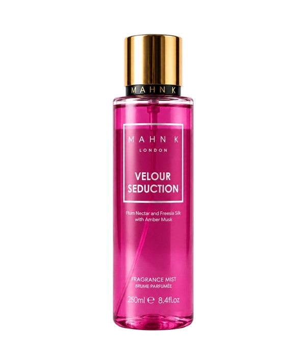 Allored Beauty MAHN K Velour Seduction fragrance mist bottle with sleek design for body care and scent enhancement.