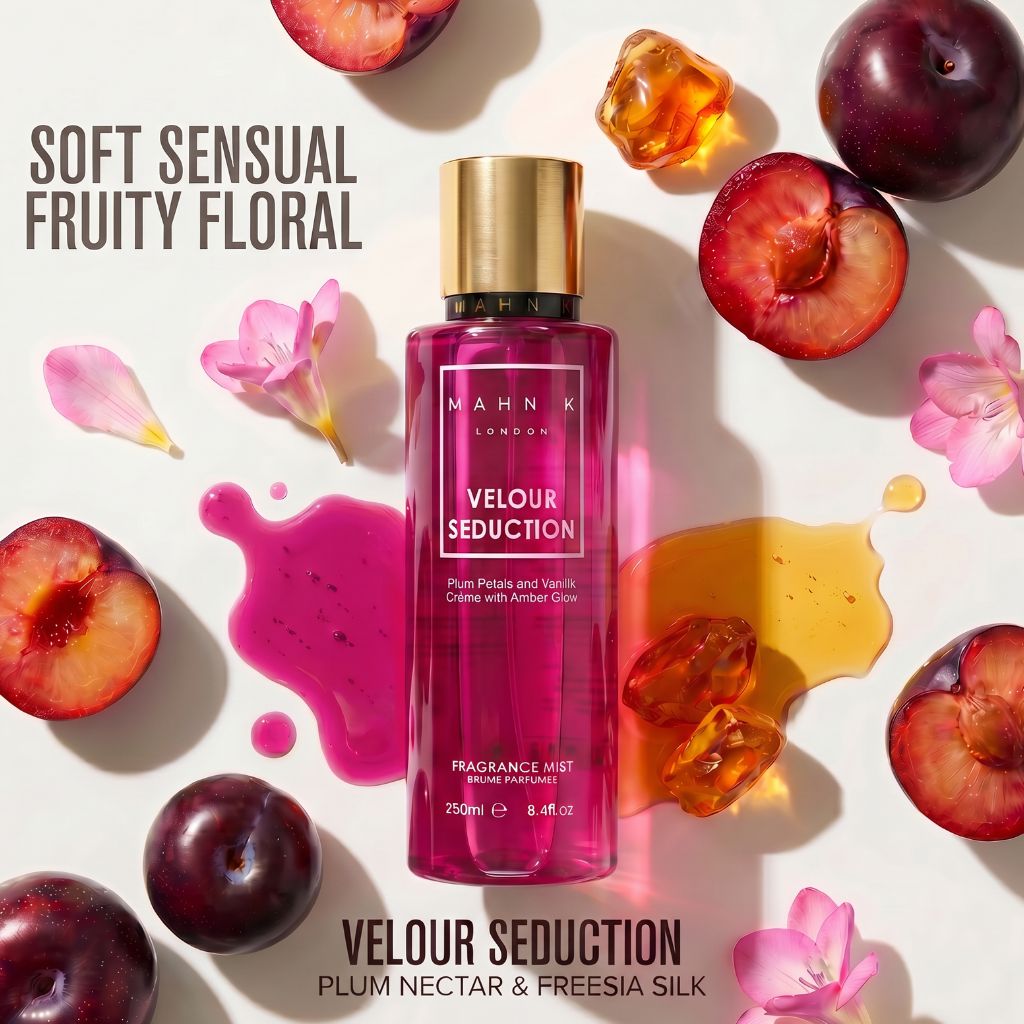Allored Beauty MAHN K Velour Seduction fragrance mist bottle, body care product with elegant design and floral scent.