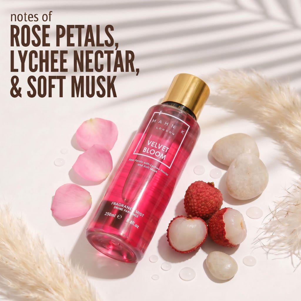 Allored Beauty MAHN K Velvet Bloom fragrance mist spray bottle with floral design, part of Allored Beauty body care collection.