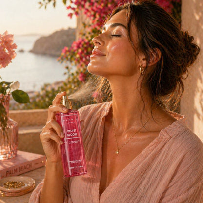 Allored Beauty MAHN K Velvet Bloom fragrance mist with floral packaging and spray nozzle, ideal for body care and refreshing scent