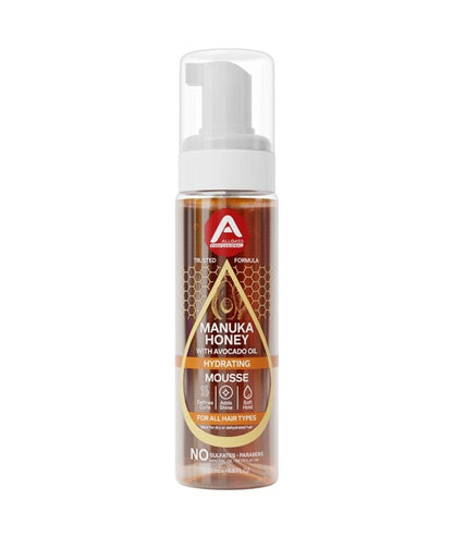 Allored Beauty Manuka Honey and Avocado Oil Hydrating Hair Mousse in a jar, showcasing the styling product with a smooth, creamy texture.