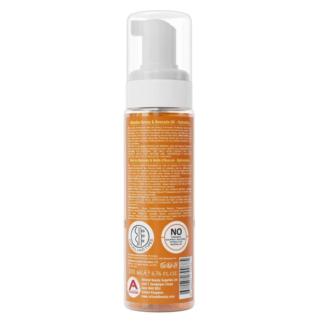 Allored Beauty Manuka Honey and Avocado Oil Hydrating Hair Styling Mousse in a foam container with a pump dispenser.