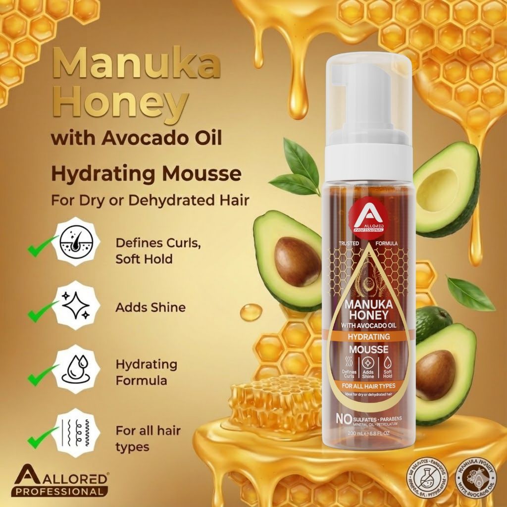 Allored Beauty Manuka Honey and Avocado Oil Hydrating Hair Mousse, styling product in a pump bottle with foam texture.