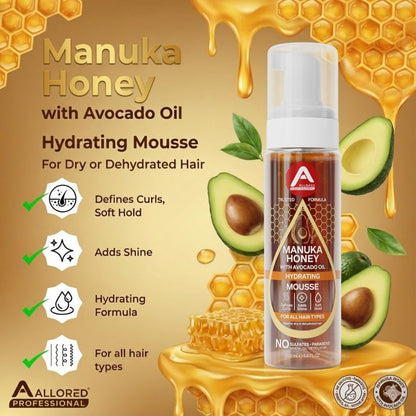 Allored Beauty Manuka Honey and Avocado Oil Hydrating Hair Mousse, styling product in a pump bottle with foam texture.