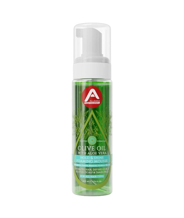 Allored Beauty Olive Oil with Aloe Vera foaming mousse for hold and shine, styled in a sleek hair product bottle.