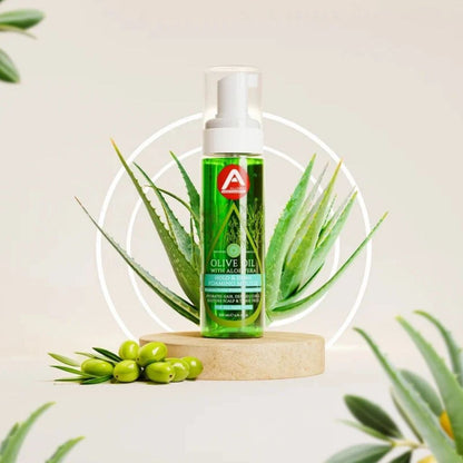 Allored Beauty Olive Oil with Aloe Vera hold and shine foaming mousse for hair styling, showing the product bottle.