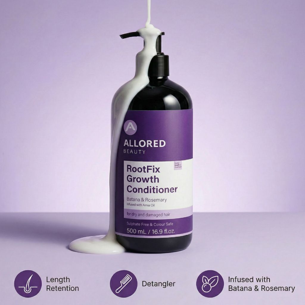Allored Beauty Root Fix Growth Conditioner with Batana and Rosemary, showing a bottle with natural ingredients and botanical label