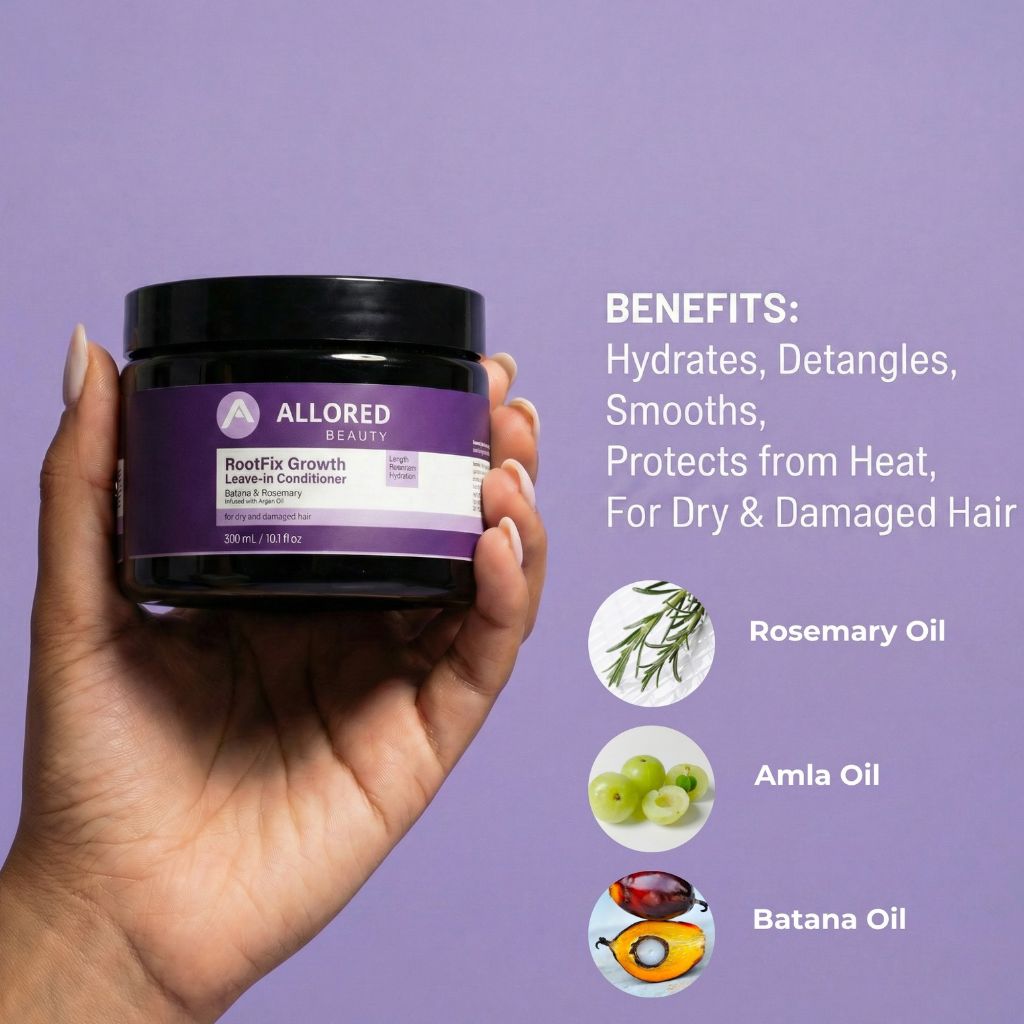Allored Beauty Root Fix Growth Leave-In Conditioner with Batana and Rosemary for healthy hair nourishment.