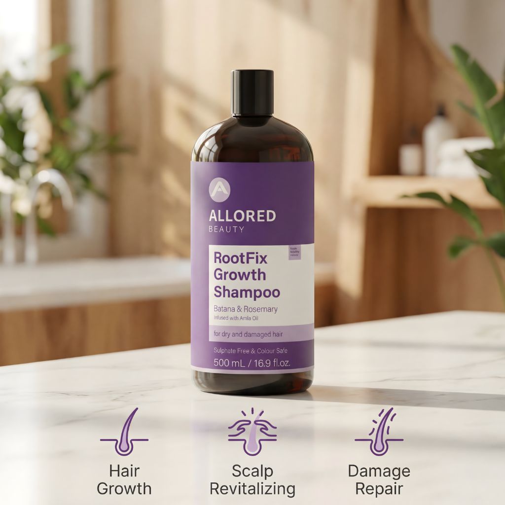 Allored Beauty Root Fix Growth Shampoo with Batana and Rosemary showing the shampoo bottle with natural ingredients.