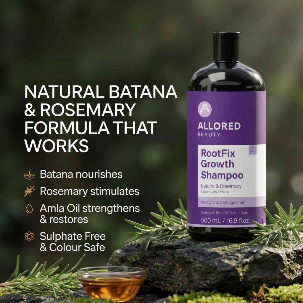 Allored Beauty Root Fix Growth Shampoo with Batana and Rosemary, showing a bottle of nourishing hair care shampoo.