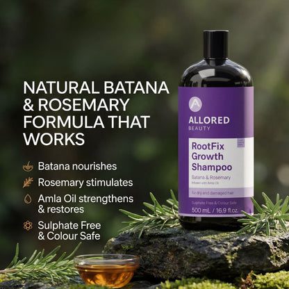 Allored Beauty Root Fix Growth Shampoo with Batana and Rosemary, showing a bottle of nourishing hair care shampoo.