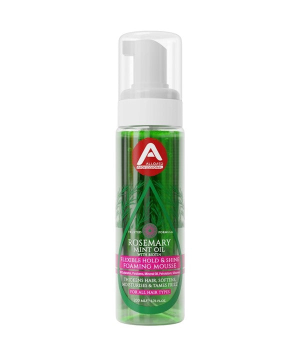 Allored Beauty Rosemary Mint Oil foaming mousse for flexible hold and shine, shown in a pump bottle with mint and rosemary ingredients