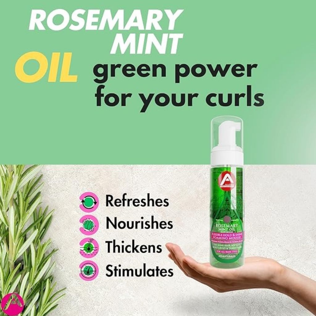 Allored Beauty Rosemary Mint Oil flexible hold and shine foaming mousse for hair styling, with a bottle of rosemary mint oil visible.