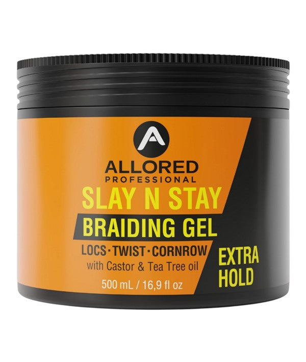 Allored Beauty Slay N Stay Braiding Gel Extra Hold for hair styling, showing the gel container with product label and texture.