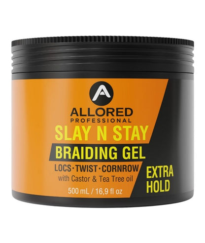 Allored Beauty Slay N Stay Braiding Gel Extra Hold for hair styling, showing the gel container with product label and texture.