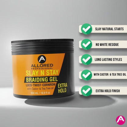Allored Beauty Slay N Stay Braiding Gel Extra Hold for hair styling, shown in a clear jar with gel texture visible.