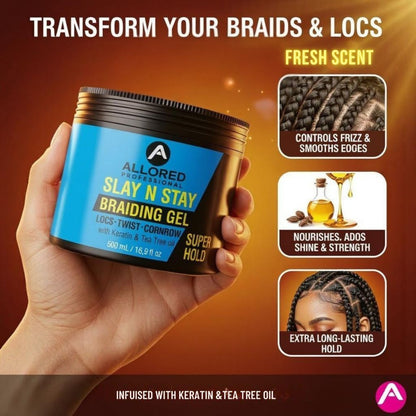 Allored Beauty Slay N Stay Braiding Gel Super Hold for hair styling, showing the gel container with a clear label and lid.
