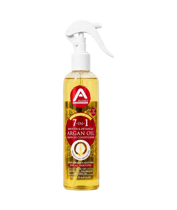 Allored Beauty 7-in-1 Argan Oil Leave-In Conditioner bottle, smooth and detangle hair, natural finish, 8 fl oz.