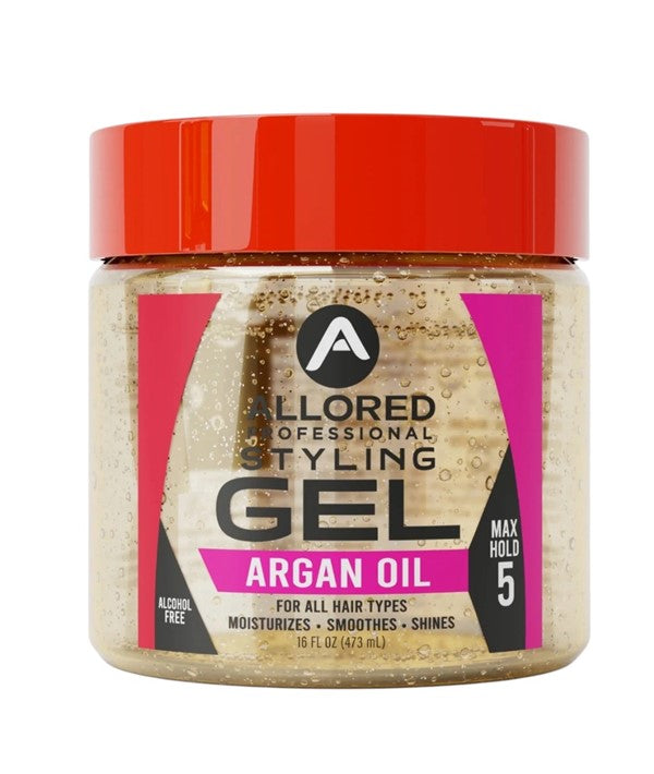 Allored Beauty styling gel with argan oil, max hold 5, for sleek, strong hair styling, shown in the image.