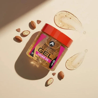 Allored Beauty styling gel with argan oil, max hold 5, for hair styling and control, shown in a clear container with gel texture.