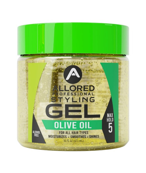 Allored Beauty styling gel with olive oil, max hold 5, for hair styling with a clear gel texture and natural shine.