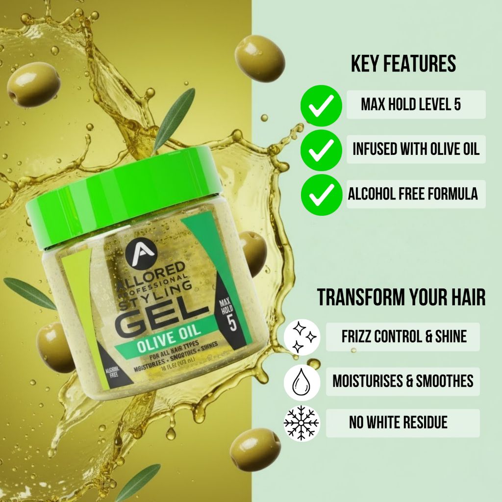 Allored Beauty styling gel with olive oil, max hold 5, for sleek hair styling and strong hold, shown in the product image.