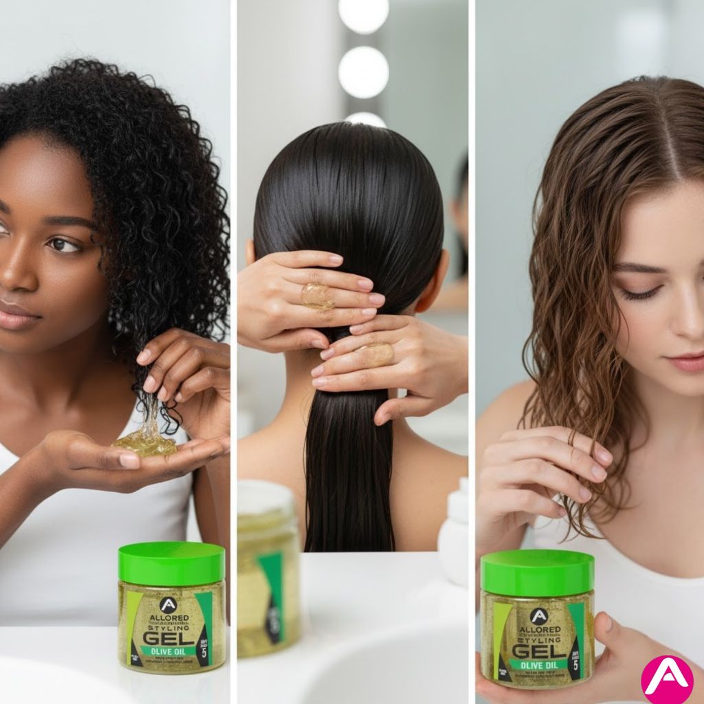 Allored Beauty styling gel with olive oil, maximum hold 5, for hair styling, in a clear jar with a blue lid and gel inside.