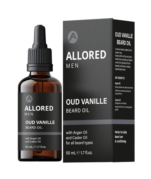 Allored Beauty Allored Men OUD Vanille Beard Oil bottle with a dropper, designed for grooming and beard care.