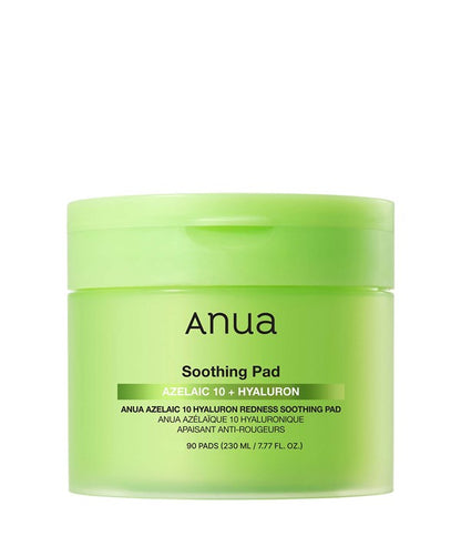 Anua Azelaic 10 Plus Hyaluron redness soothing K-beauty mask pads arranged in a white jar with 90 pads inside.