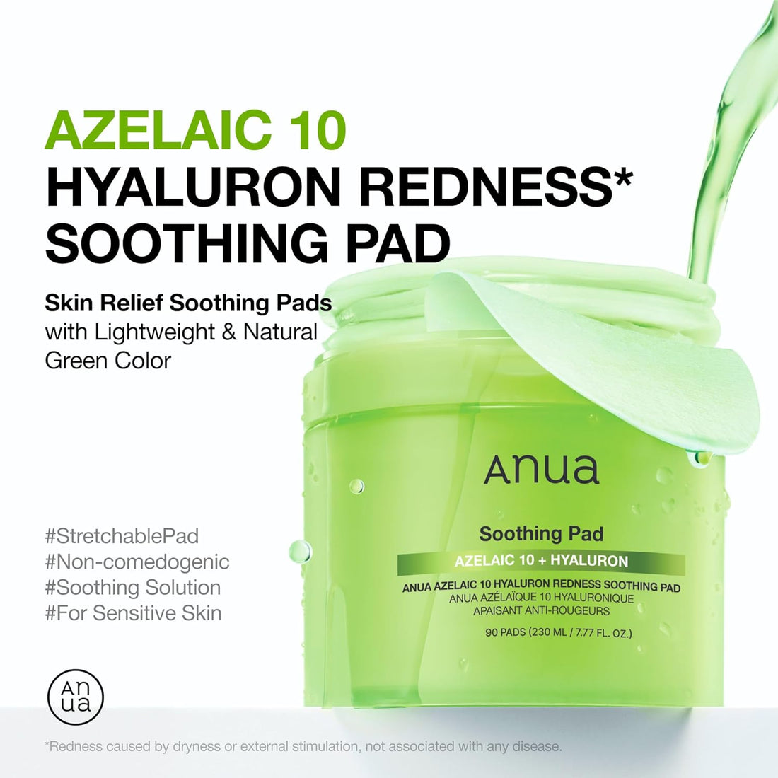 Anua Azelaic 10 Plus Hyaluron Redness Soothing Pads in a refill pack, showing 90 soothing K-beauty skincare pads for redness relief.