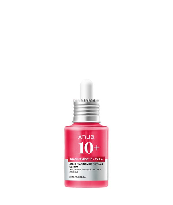 Anua Niacinamide 10 Plus TXA 4 K Beauty Serum in a 30ml bottle, featuring clear liquid and pump dispenser for skincare application.