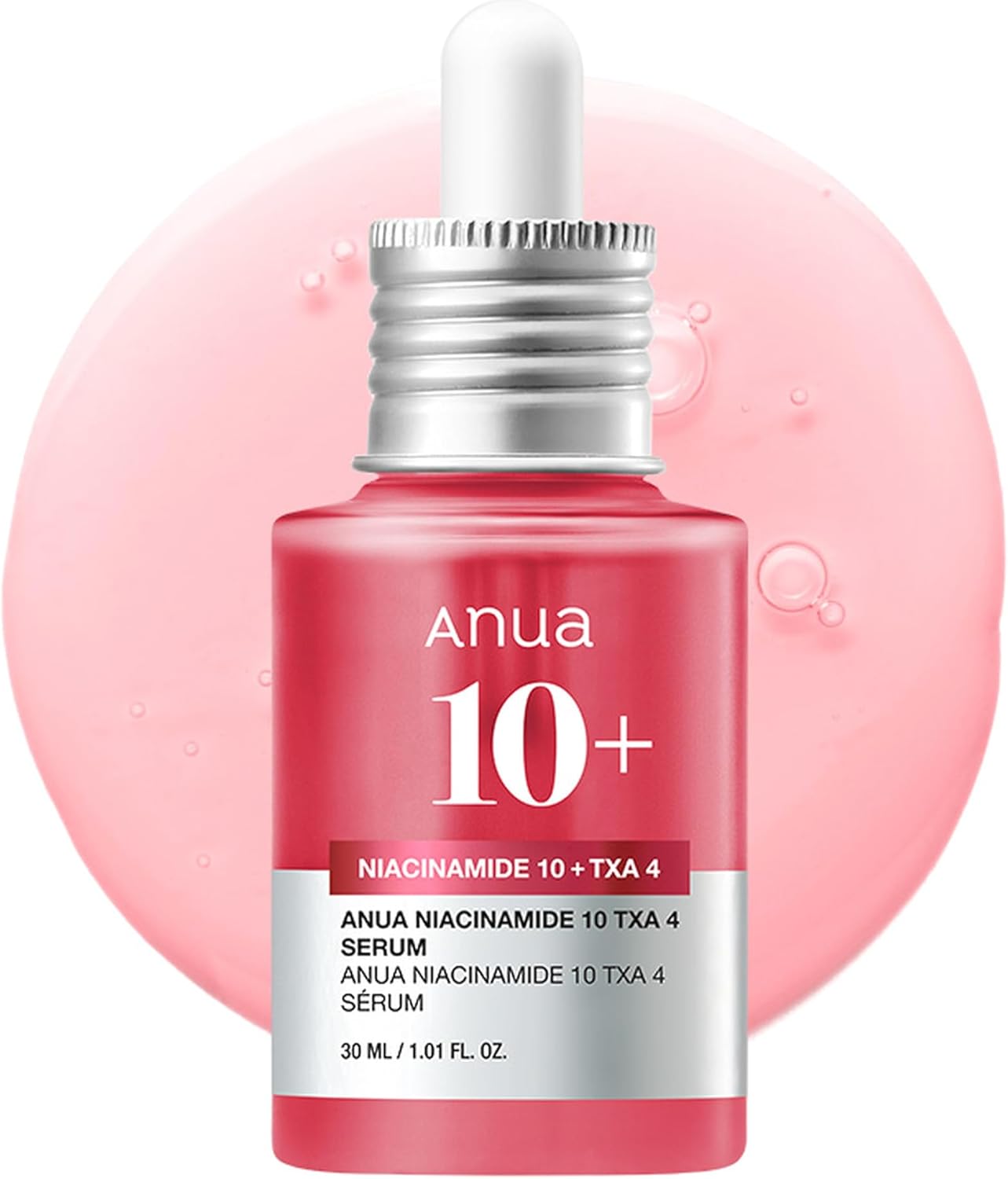 Anua Niacinamide 10 Plus TXA 4 K-Beauty serum bottle, 30ml, with clear labeling and sleek design for brightening and skin tone.