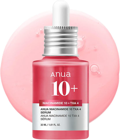 Anua Niacinamide 10 Plus TXA 4 K-Beauty serum bottle, 30ml, with clear labeling and sleek design for brightening and skin tone.