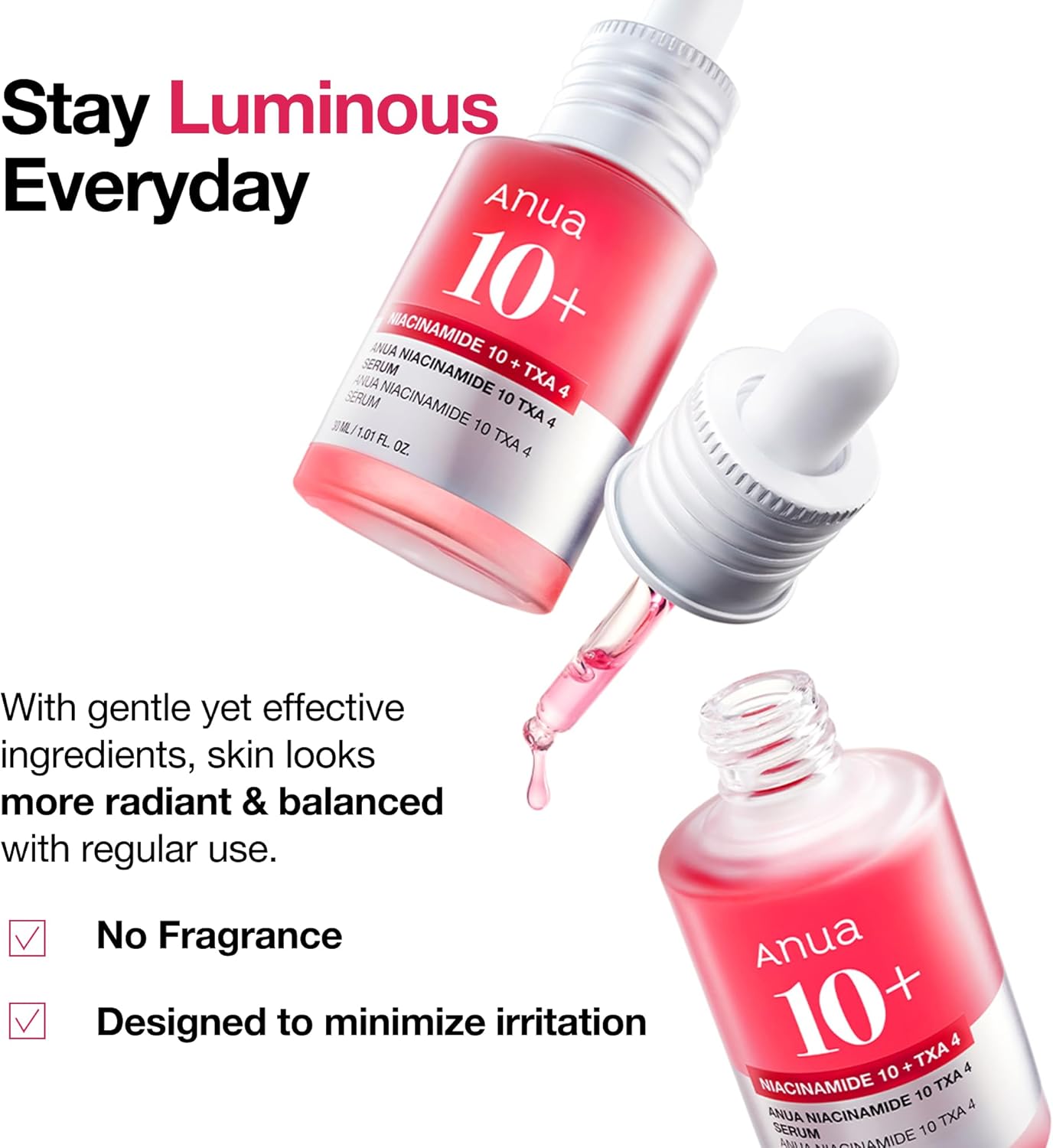 Anua Niacinamide 10 Plus TXA 4 K-Beauty serum bottle, 30ml, with clear label and dropper applicator for brightening and skin tone.