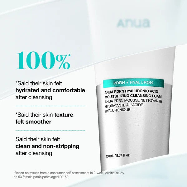 Anua PDRN Hyaluronic Acid moisturizing K-beauty cleanser foam in a 150ml bottle with a pump dispenser.