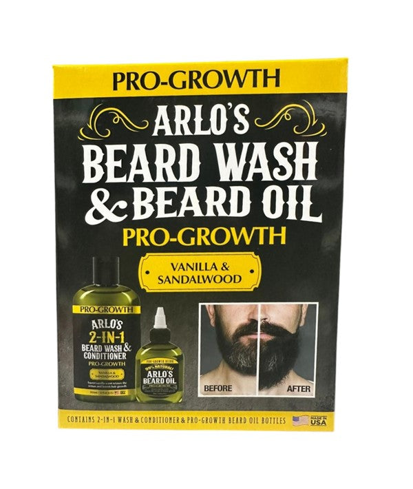 Arlos Pro Growth Beard Wash and Beard Oil Kit in a haircare giftset with bottles and grooming accessories on a white background.
