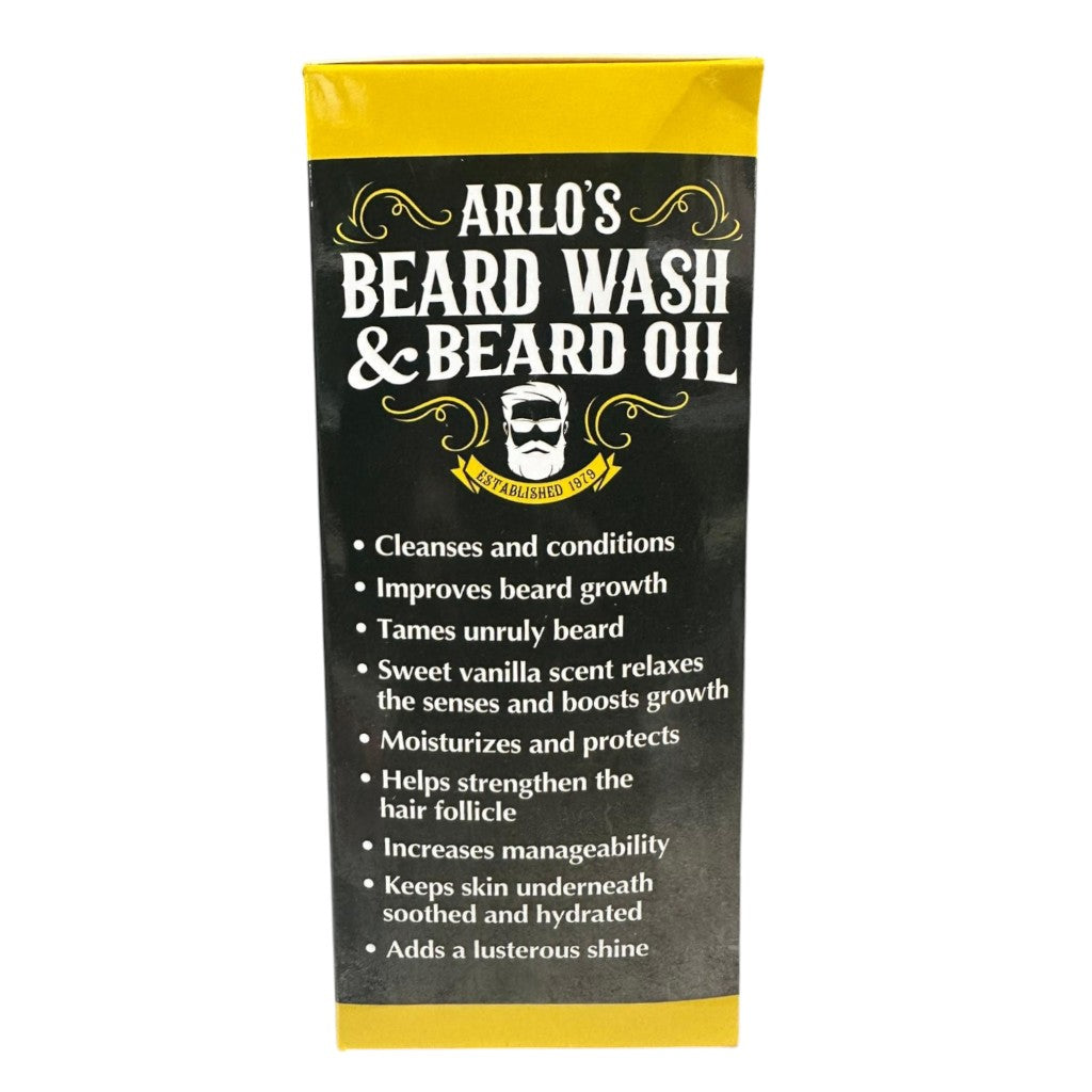 Arlos Pro Growth beard wash and beard oil kit in a haircare gift set with bottles and grooming tools displayed.